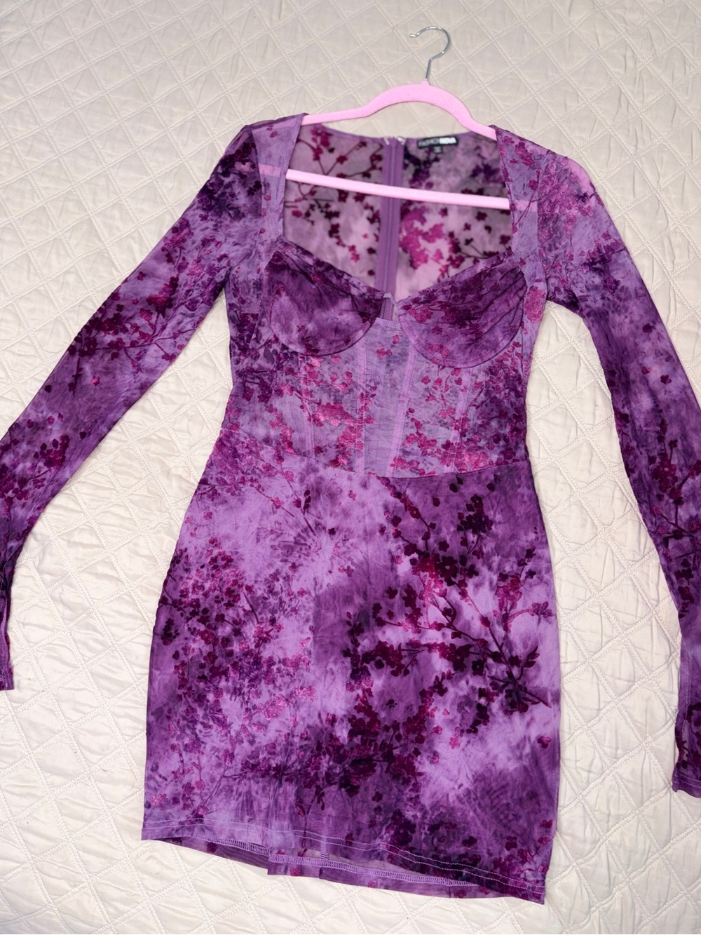 FASHION NOVA Plum Floral (Riley Mesh- Bustier Mini Dress) Size: Medium - Picture 4 of 6